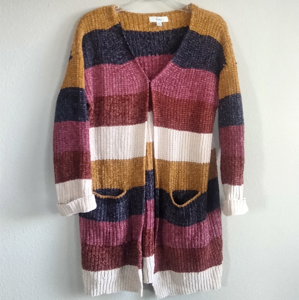 Zoey Size Medium Striped Multicolor Women's Sweater With Pockets And A Clasp